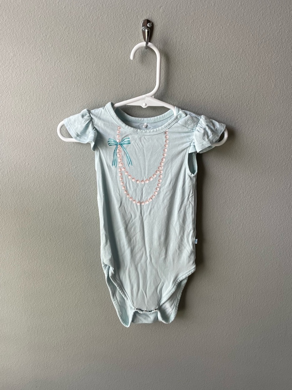 Posh Peanut Bamboo Light Blue Bodysuit with Pearls and Flutter Sleeves